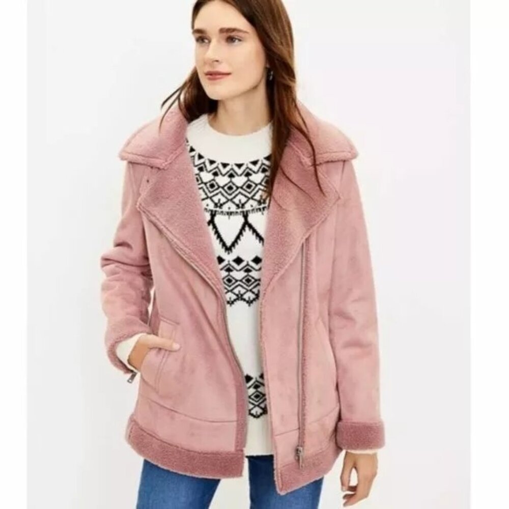 Ann Taylor LOFT Faux Suede Aviator Biker Jacket in Dusty Pink XS